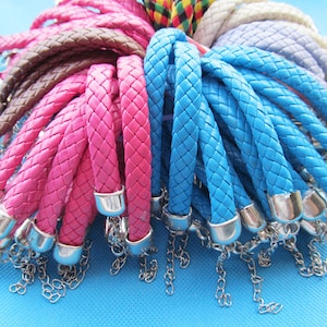 180mmX10mm 7 Colors Faux Braid Leather Bracelet Cord,1.8inch Extender Chain,12x7mm Lobster Clasp,DIY Accessory Jewelry Making