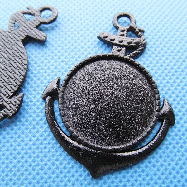 Black Anchor Base Setting Tray Bezel Pendant Charm/Finding,Fit 25mm Round Cabochon/Cameo,DIY Accessory