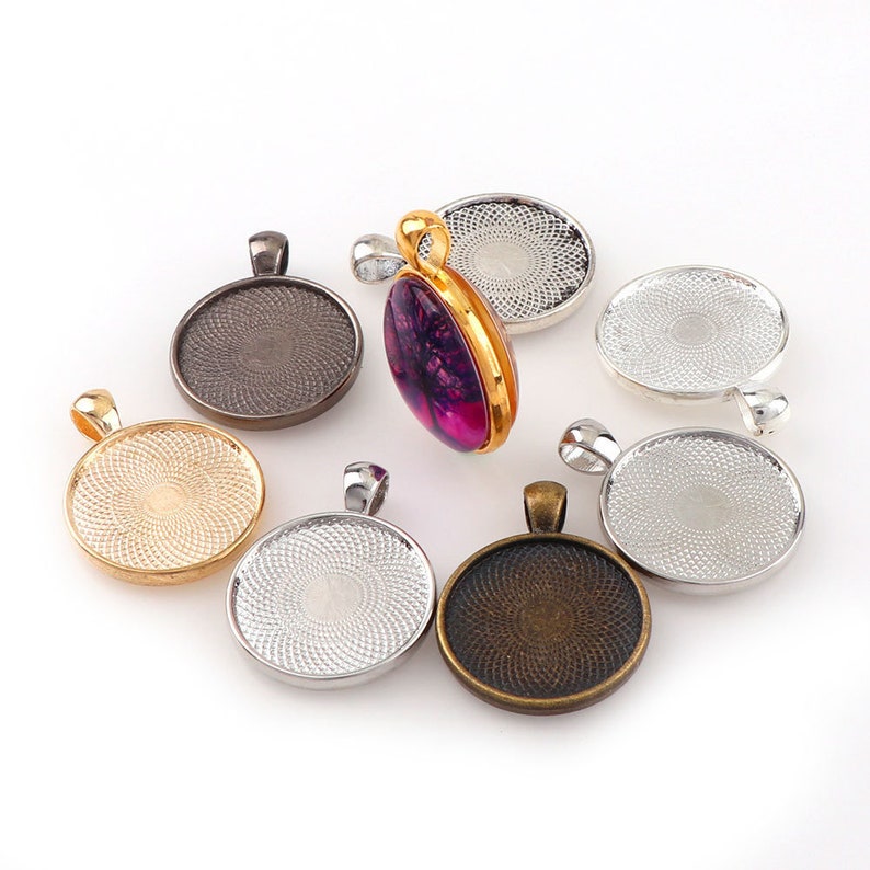 8 Colors Filigree Round Blank Base Setting Tray Bezel Pendant CharmFinding,Fit 25mm CabochonCameo,DIY Accessory Jewelry,Double Same Side
