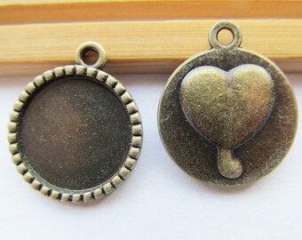 Antique Bronze/Antique Silver tone Round Heart Base Setting Tray Bezel Pendant Charm/Finding,fit 18mm Cabochon/Cameo
