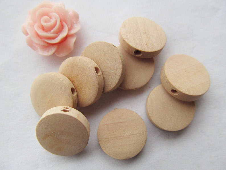 15mm Unfinished Thick Flat Circle Round Discs Natural Wood Spacer Beads Pendant Charm Findings,Hole through,DIY Accessory image 1