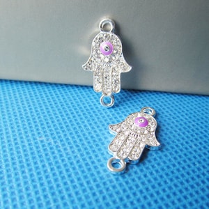 13.66mmx23.78mm Silber Ton die Hand der Fatima Hamsa Stecker Anhänger Charm/Feststellung, verstreut weiß Strass & 1pcs lila Evil Eye