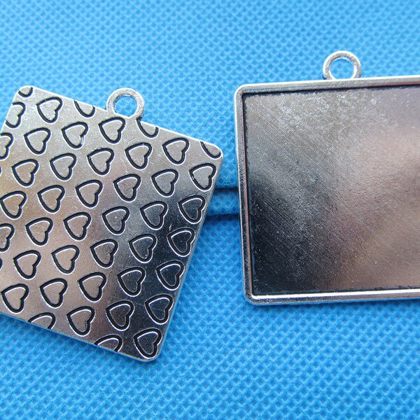 Antique Silver tone Heart Square Base Setting Tray Bezel Pendant Charm/Finding,fit 35mm Cabochon/Cameo/Picture