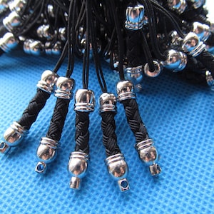 Cell Phone Strap Lanyard-- 5mmx70mm  Black Lariat Lanyard Mobile Cell Phone Strap Chains Connectors With Silver Metal Top