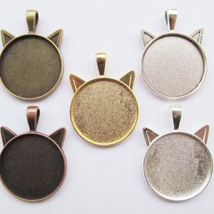 6 cores antigo prata/bronze orelhas de gato base configuração bandeja moldura pingente charme/descoberta, ajuste 25mm cabochão redondo/imagem/camafeu, grande gancho de fiança