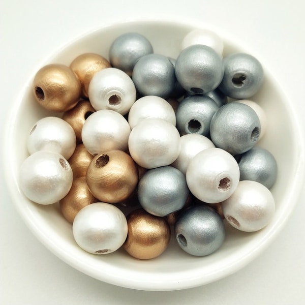 10mm Gold/Silver/Pearl Round Ball Natural Wood Spacer Beads Charm Finding, DIY Accessory Jewelry Making