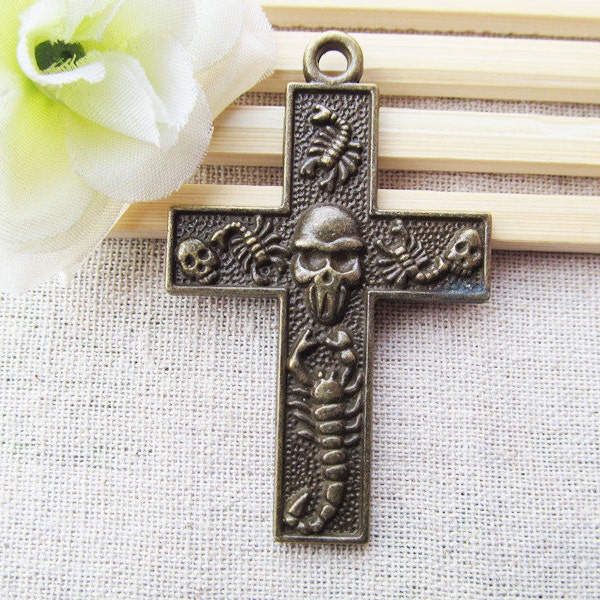42.8mmx67.33mm Large Heavy Thick Antique bronze Cross Pendant/Hanging Charm/Finding,well Caved with Skull & Scorpion,DIY Accessory Jewelry