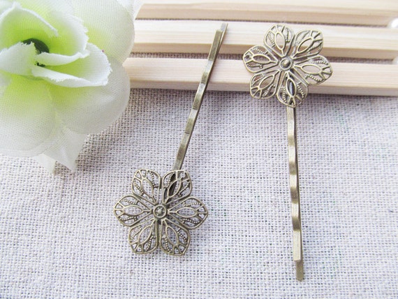 3 Colors---22mmx64.42mm Vintage Antique bronze/Dark Silver tone/Gold Filigree Six Petal Flower Bobby Hair Pin Clip Charm,fit Cabochon/Cameo