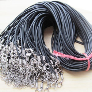 2.5mmx420mm Black Rubber Leather Necklace Beading Cord String Rope,1.8inch Extender Chain,12mmx7mm Lobster Clasp,DIY Accessory