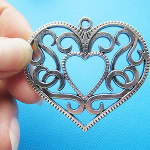 45.70mmx50mm Large Heavy Good Quality Antique Silver tone Filigree Hollow Heart Pendant Charm/Finding,DIY Accessory Jewelry Making
