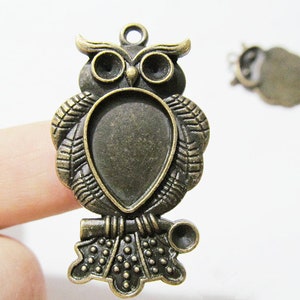 Könnte beinhalten: Ein bronzefarbener Eulenanhänger mit einem leeren ovalen Kamee. Die Eule sitzt auf einem Ast mit detaillierten Federn und einer strukturierten Oberfläche.