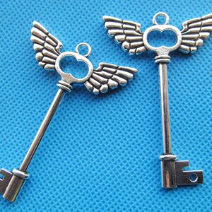 40.35mmx58.66mm Large Heavy Antique Silver tone Double Angel Wing Key Pendant Connector Charm/Finding,DIY Accessory Jewellry Making