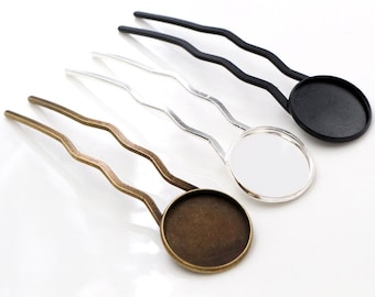 Vintage 3 Colors Waved Hair Comb Pin Clip Fork Charm/Finding,20mm Blank Round Cabochon Setting,Bride's Headdress,Hair Accessories DIY Charm
