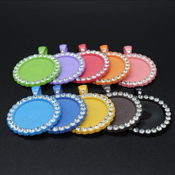 Hotsale Electrophoretic Colorful White Rhinestone Pendant Charm Finding,Base Setting Tray Bezel,fit 25mm Round Cabochon/Cameo,DIY Accessory