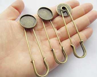 Antique Bronze Blank Safety Pin Brooch/Breastpin Pendant Charm/Finding,16mm Cabochon Base Setting Tray Bezel,DIY Accessory