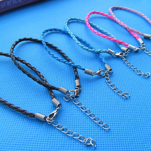 180mmX3mm(12 Colors) Faux Braid Leather Bracelet Cord,1.8inch Extender Chain,12x7mm Lobster Clasp,DIY Accessory Jewelry Making