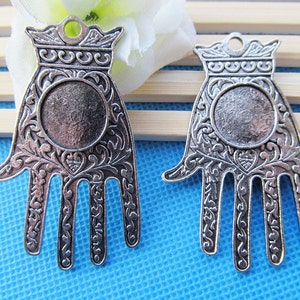 Vintage Antique Silver tone/Antique Bronze Heavy Filigree The hand of Fatima Hamsa Pendant Charm/Finding,fit 14mm Cabochon/Eye,DIY Accessory