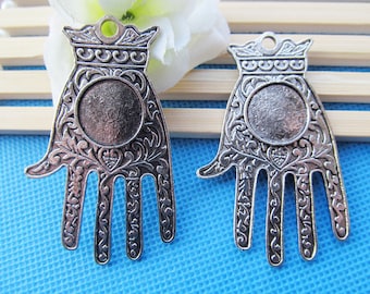 Vintage Antique Silver tone/Antique Bronze Heavy Filigree The hand of Fatima Hamsa Pendant Charm/Finding,fit 14mm Cabochon/Eye,DIY Accessory