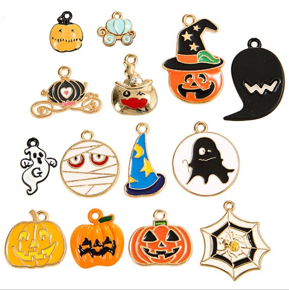 Hotsale 14pcs Mixed Filigree Enamal Holloween Pumpkin Ghost Pendant Charm,Necklace Earring Key Chain Charm,DIY Accessory Jewellery Making
