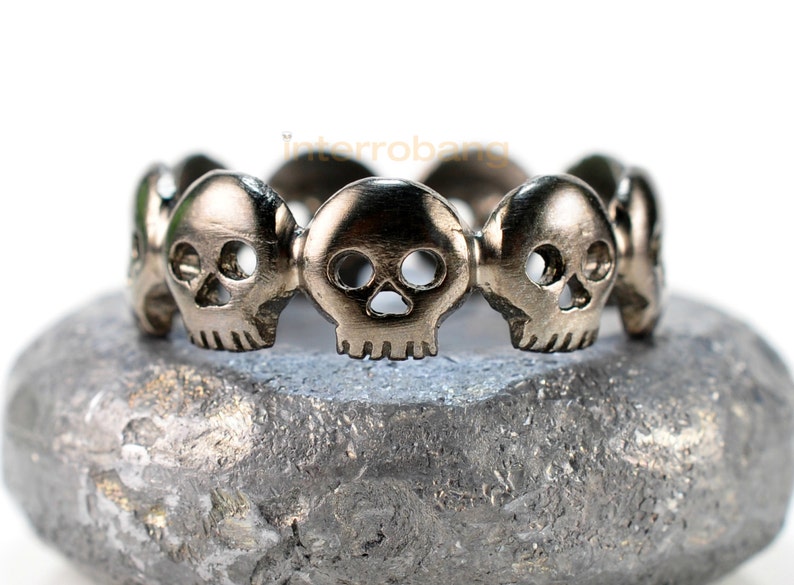 Black skull ring, melanoid skull eternity ring, black ring, skull ring men, skull ring women, skull wedding ring, wedding band, unique ring image 1