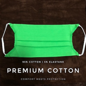 Solid green cotton fabric mask, better filtration than muslin fabric mask, soft, lightweight, slightly stretchy, breathable, washable mask