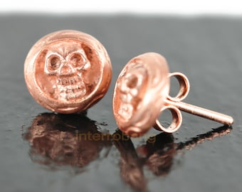 Men's stud earrings, rusted treasure skull disc stud earrings, flat disc stud earrings, skull stud earrings, solid sterling silver, 846C