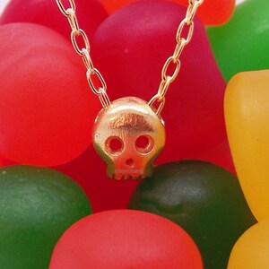 Cute baby goth candy skull charm and necklace in butterscotch - skull pendant and chain - 925 sterling silver plated in yellow gold