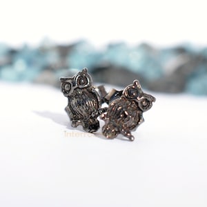 Tiny black owl stud earrings, woodland creatures made of sterling silver and plated in black gold