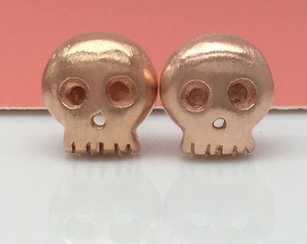 Strawberry glaze skull stud earrings, rose gold stud earrings, silver post studs, small stud earrings, men's stud earrings, sterling silver