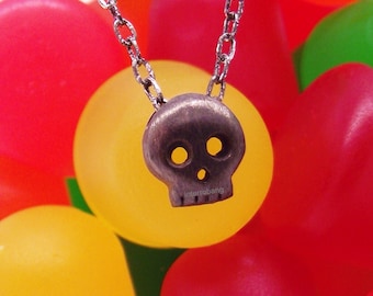 Dusky gunpowder skull pendant, black skull, black gold charm, tiny skull pendant, sterling silver pendant and necklace, 870B