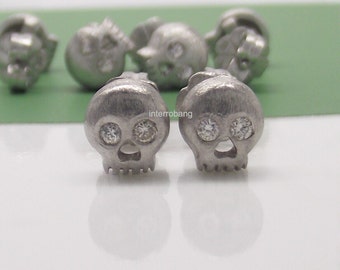 Sapphire Skull Earrings - White Sapphire Skull Stud Earrings - Sterling Silver Skull - Tiny Skull with Sapphire Eyes - Goth Earring