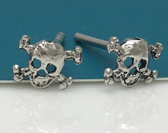 Skull stud earrings, glacial bony skull, men's stud earrings, cartilage earring, tragus stud earrings, small silver post stud earrings, 846E