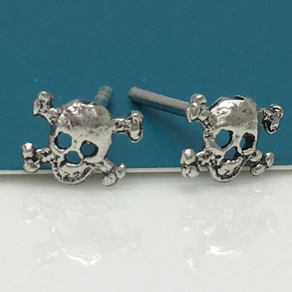 Skull stud earrings, glacial bony skull, men's stud earrings, cartilage earring, tragus stud earrings, small silver post stud earrings, 846E