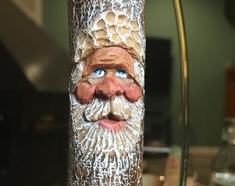 Whimsical bark Santa ornament,  hand carved in West Virginia, holiday decor, Pere Noel, Jolly Old Saint Nick, one of a kind gift