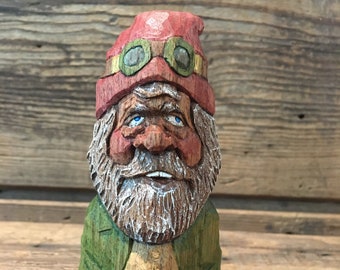 Another Whimsical gnome carving with goggles none the less, hand carved in West Virginia, one of a kind gift, butternut carving