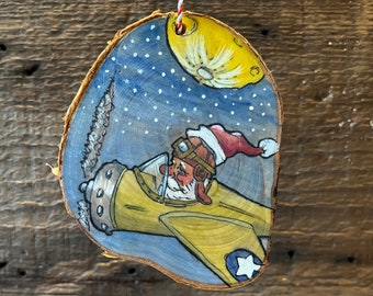 One of a kind hand illustrated birchwood Santa ornament, drawn and painted in West Virginia, whimsical Santa cartoon, Merry Christmas