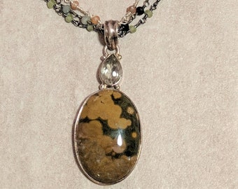 She - sterling necklace w rainforest jasper, green amethyst (prasioliate), moonstone, emerald, chalcedony, Gaia, Mother Earth, Nature