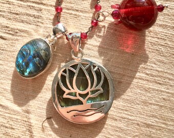 Persephone - carved labradorite, pomegranate, lotus, handmade glass bead, red, seeds, power, queen, underworld, Demeter, dark of the moon