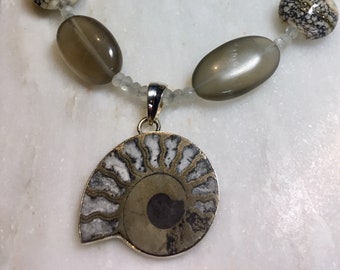 Full Spiral Moon -sterling necklace w ammonite, grey moonstone, green moonstone, handmade lampwork
