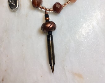 The Pen is Mightier - Rebecca - sterling necklace w antique fountain pen nib, peach moonstone, handmade lampwork, Japanese seed beads