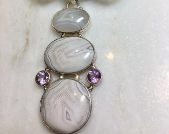 Ripples - sterling necklace w lace agate, amethyst, white agate, rainbow moonstone, carved clear quartz, Goddess, Feminine Divine, water