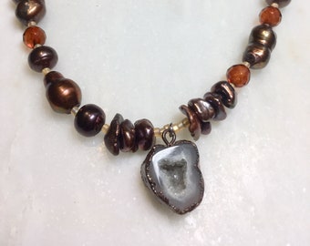 Crystal Cave - sterling necklace w freshwater pearl, druzy, geode, electroplated w copper,