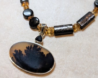 Deep Woods - sterling necklace with dendritic agate, hypersthene, citrine, onyx, pewter