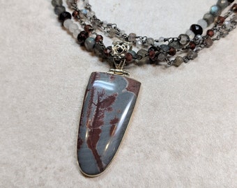 Dusk sterling necklace with sonora dendritic jasper, rainbow moonstone, labradorite, garnet, quiet, sacred, forest, woods, peace