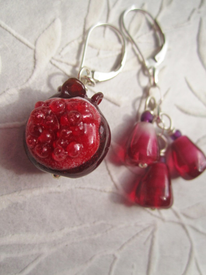 Pomegranate Winter's Fruit earrings of handmade lampwork glass beads, sterling, sacred adornment, menstruation, menarche, rite of passage image 2