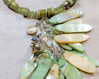 Late Summer Willow sterling necklace w Mother of Pearl, green opal, peridot, bird, origami, crescent moon,