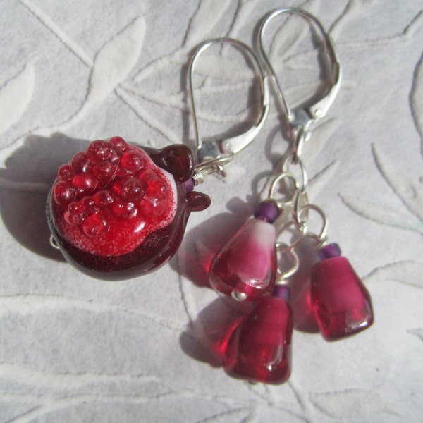 Pomegranate - Winter's Fruit earrings of handmade lampwork glass beads, sterling, sacred adornment, menstruation, menarche, rite of passage