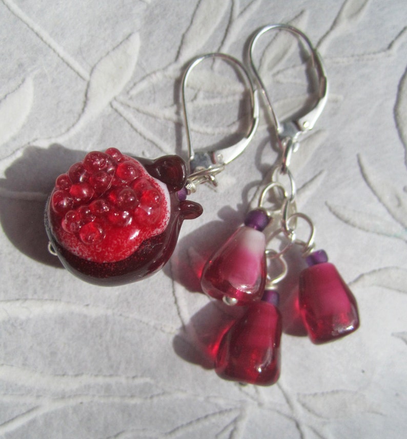 Pomegranate Winter's Fruit earrings of handmade lampwork glass beads, sterling, sacred adornment, menstruation, menarche, rite of passage image 1