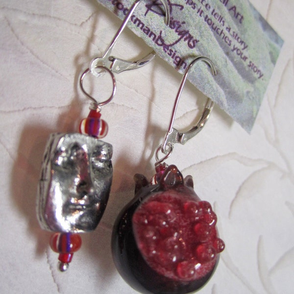 Pomegranate - Winter's Fruit earrings of handmade lampwork glass beads, sterling, sacred adornment, menstruation, menarche, rite of passage