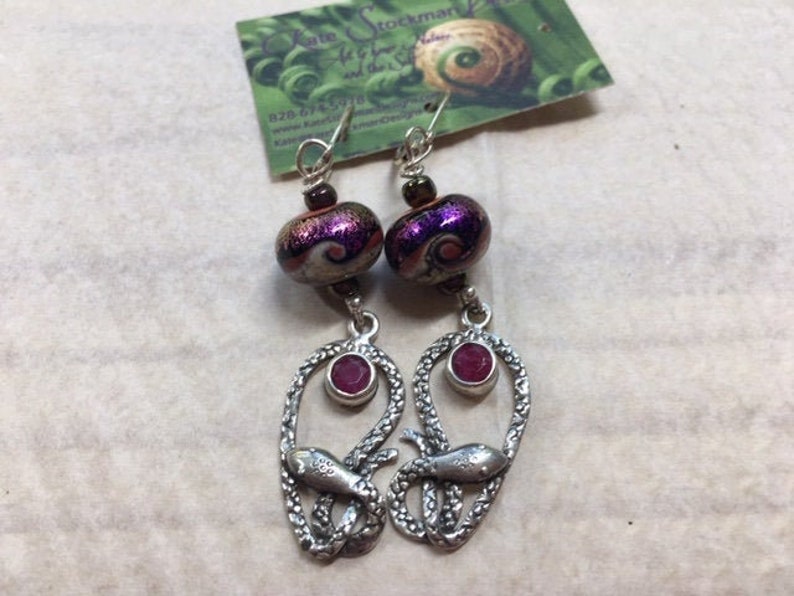 Snake Medicine sterling earrings with Indian ruby, handmade lampwork glass, dichroic glass, serpent, snake, Medusa, healing, Mother's Day image 1